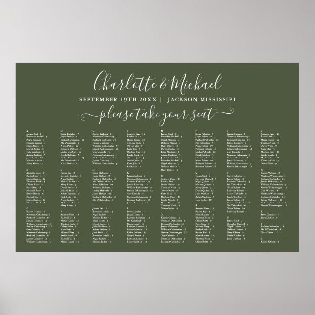 Olive Green 300 Names Hochzeitstabelle Poster (Vorne)