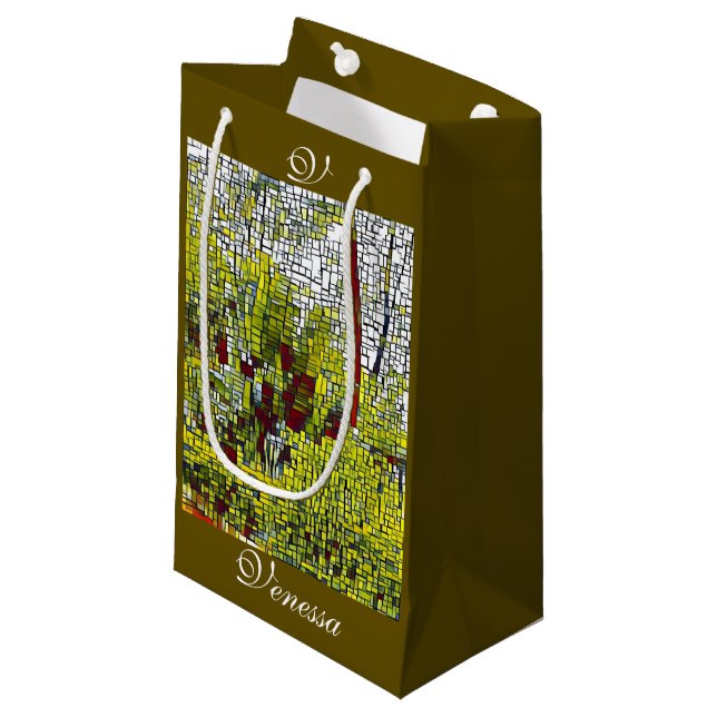 Olive green Abstrakt Art Bridesmaid Monogram Small Kleine Geschenktüte (Vorderseite Schrägansicht)