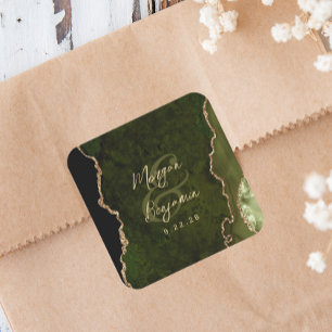 Olive Green Agate Gold Script Wedding Quadratischer Aufkleber