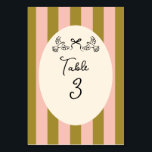 Olive Green and Blush Pink Striped Wedding  Tischnummer<br><div class="desc">Bring timeless charm to your wedding reception with this Olive Green and Blush Pink Striped Table Number Card. Featuring elegant hand-drawn doves tied with a bow and vintage-inspired stripes, this design adds a romantic and whimsical touch to your table decor. Perfect for autumn, garden, or retro-themed weddings that blend sophistication...</div>