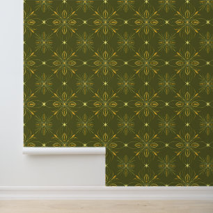 Olive Green and Gold Floral Geometric Muster Tapete