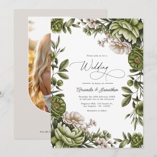 Olive Green and Neutral Floral Wedding QR Code Einladung (Vorne/Hinten)