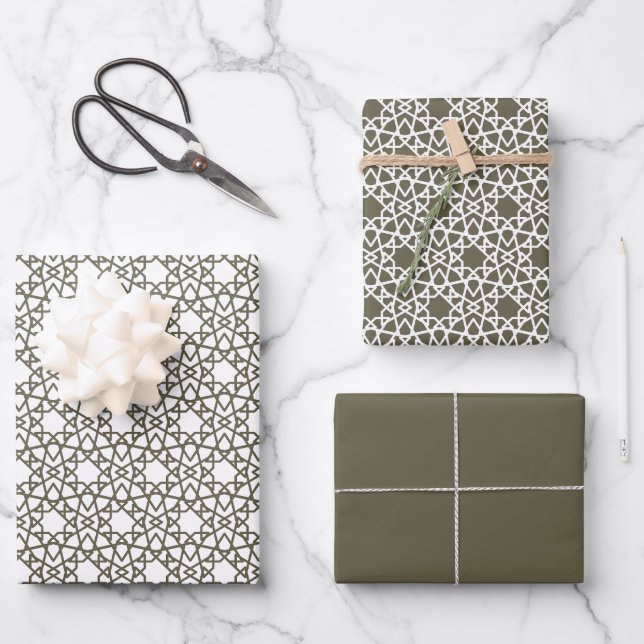 Olive Green Arabesque Design Geschenkpapier Set (Vorderseite)