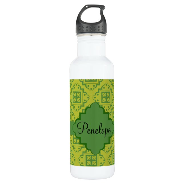 Olive Green Arabesque marokkanisches Muster Edelstahlflasche (Vorderseite)