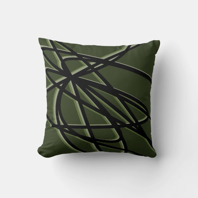 Olive Green & Black Modernes Abstraktes Lineardesi Kissen (Vorderseite)
