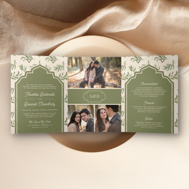Olive Green Blätter All in One Indian Wedding Dreifach Gefaltete Einladung (Von Creator hochgeladen)