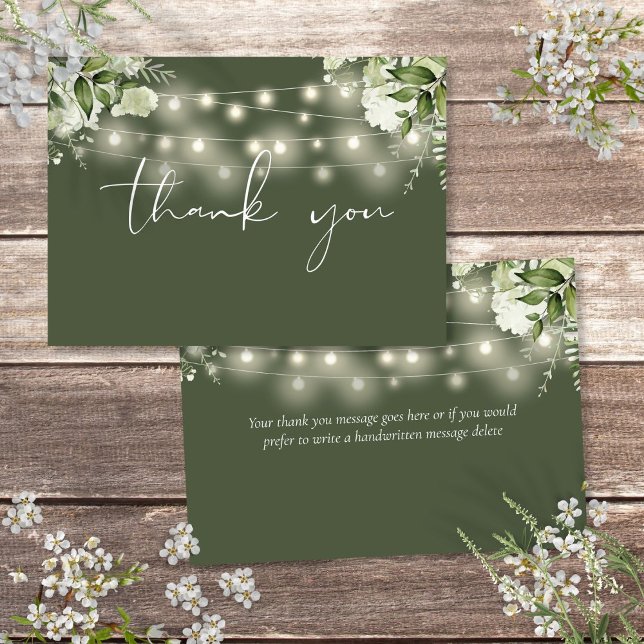 Olive Green Blumengrün String Lights Dankeskarte (Olive Green Floral Greenery String Lights Thank You Card)