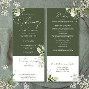 Olive Green Botanical Floral All in one Wedding Einladung