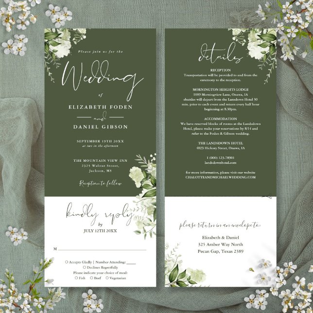 Olive Green Botanical Floral All in one Wedding Einladung (Olive Green Botanical Floral All In One Wedding Invitation)