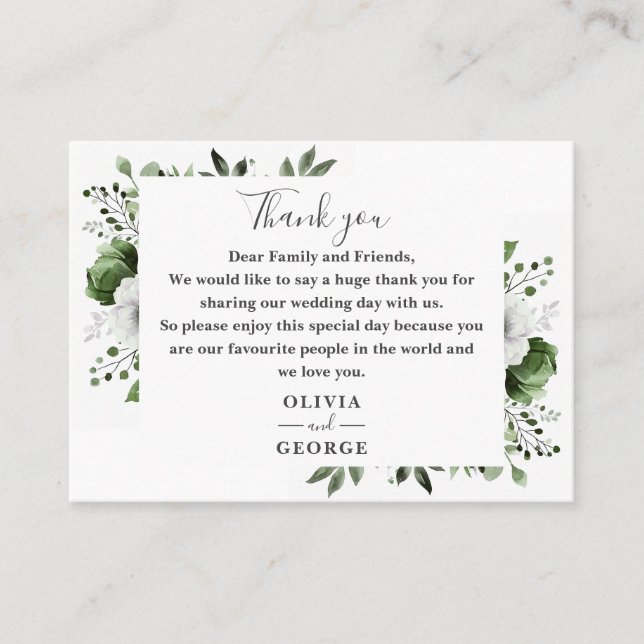 Olive Green Botanical Floral Wedding Vielen Dank Platzkarte (Vorderseite)