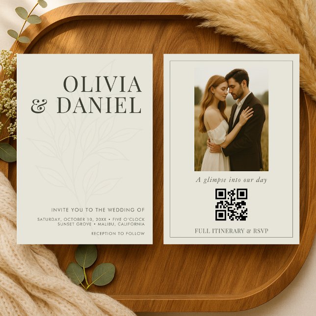 Olive Green Botanical Photo QR Code Wedding Einladung (Von Creator hochgeladen)