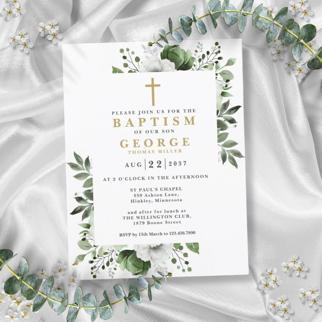 Olive Green Botanique Moderne Baptême Invitation (Olive Green Botanical Modern Baptism Invitation Postcard)