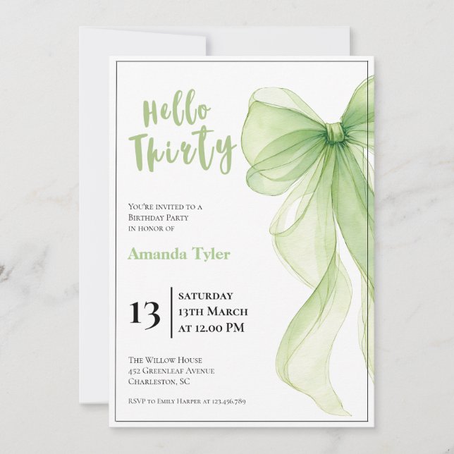 Olive Green Bow 30th Birthday Invitation Einladung (Vorderseite)