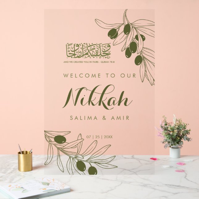 Olive Green Branches Nikkah Acrylic Sign (Mariage)