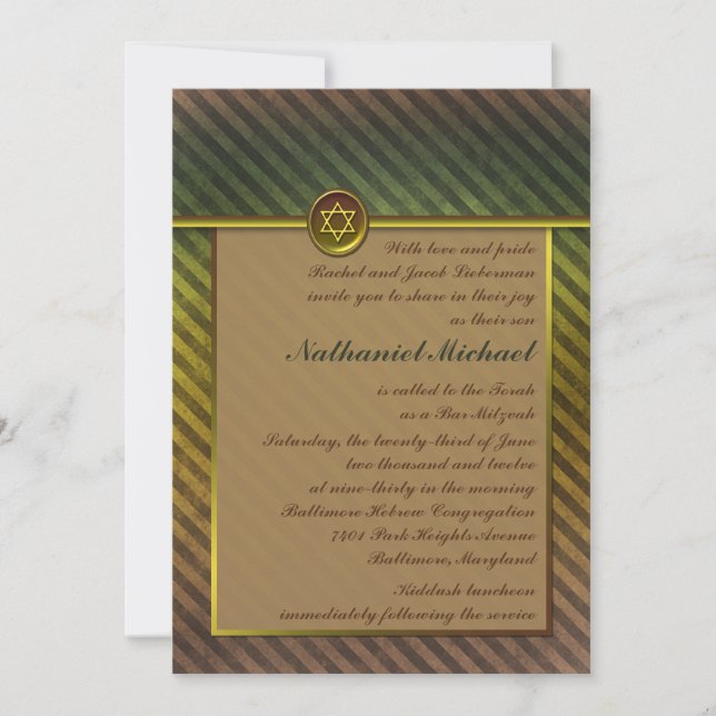 Olive Green, Brown Bar Mitzvah Invitation (Devant)