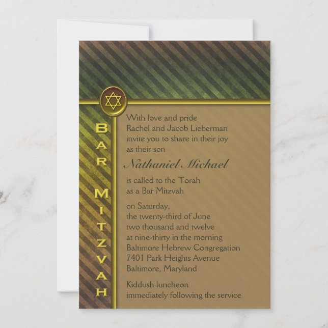 Olive Green, Brown Barre triée Mitzvah Invitation (Devant)