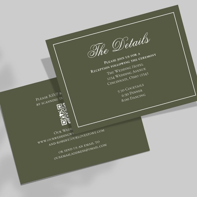 Ölive Green Calligraphy Elegante Details UAWG Begleitkarte (Olive green wedding details card with scannable QR Code template. )