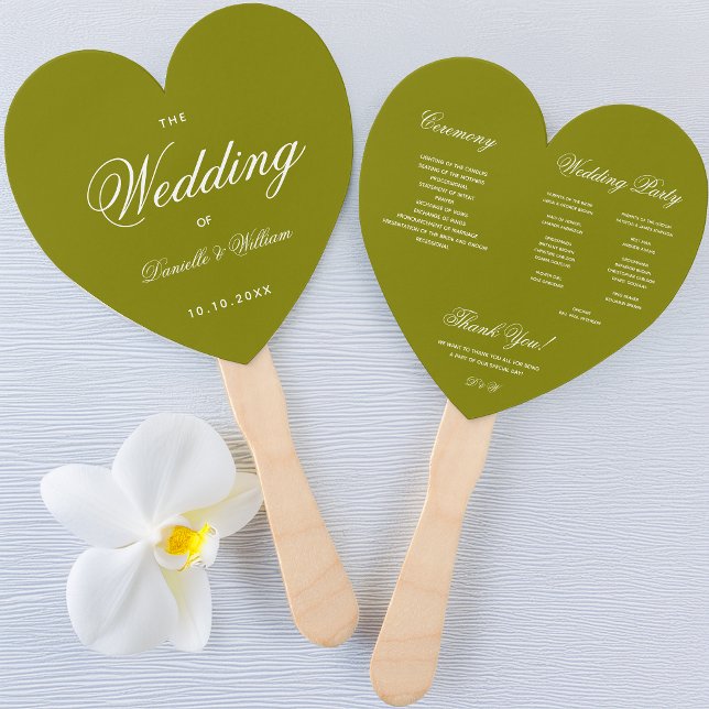Olive Green Calligraphy Heart Wedding Program Fächer (Von Creator hochgeladen)
