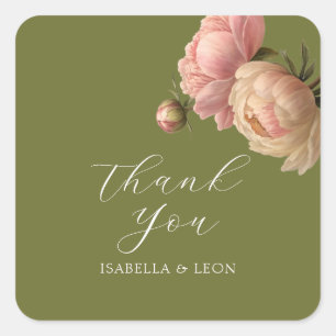 Olive Green Chic Blush Script-Rose Hochzeit Quadratischer Aufkleber