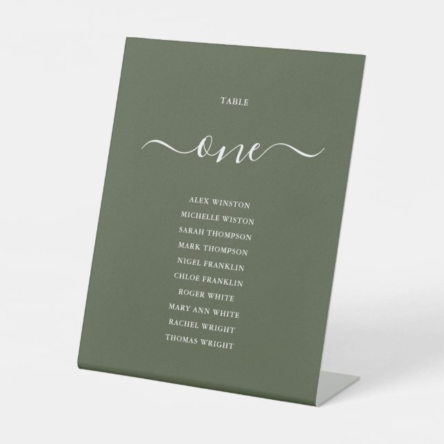 Olive Green Chic Script Tischnummer Seekarte Sockelschild (Vorderseite)