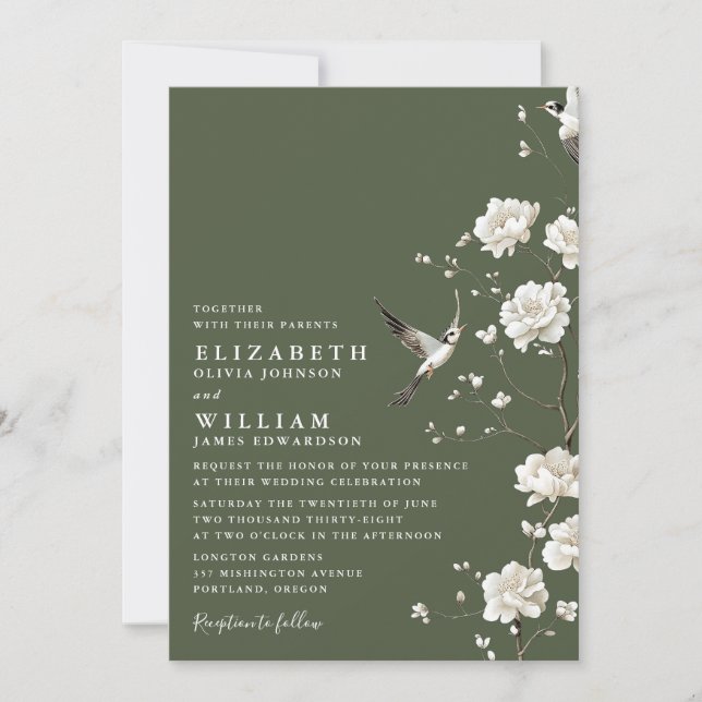 Olive Green Chinoiserie Blues All in One Wedding Einladung (Vorderseite)