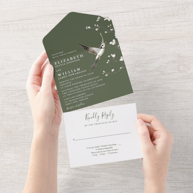 Olive Green Chinoiserie Blumengarten Hochzeit All In One Einladung (Abreißen)