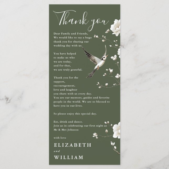 Olive Green Chinoiserie Hochzeit Dankeschön Karte (Vorderseite)