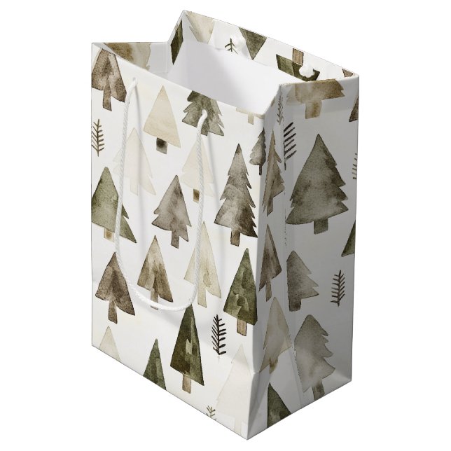 Olive Green Christmas Trees Mittlere Geschenktüte (Vorderseite Schrägansicht)