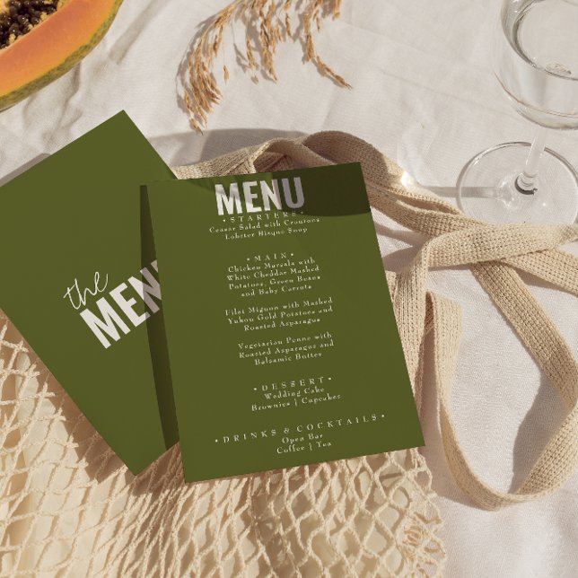 Olive Green Classy Bright Whimsical Wedding Menükarte (Von Creator hochgeladen)