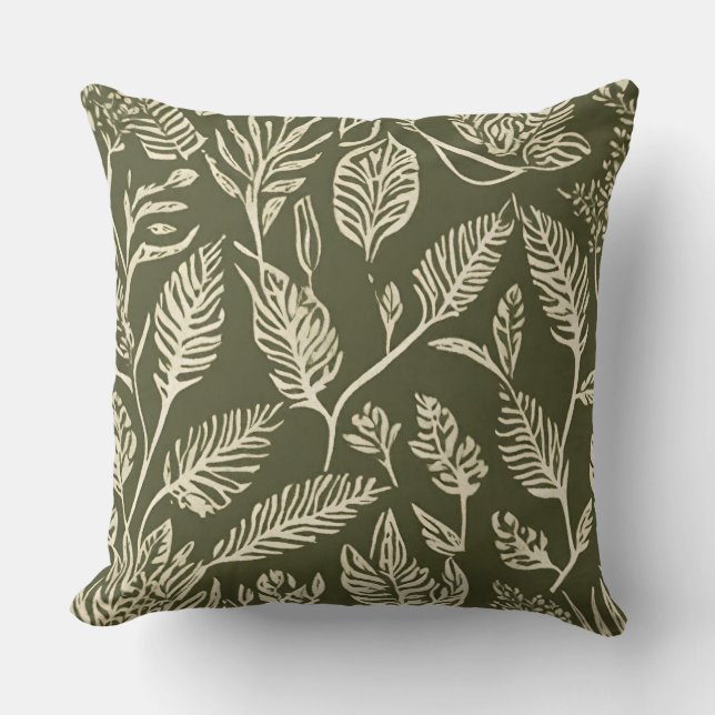 Olive Green Cream Botanical Textile Briefmarke Kissen (Vorderseite)