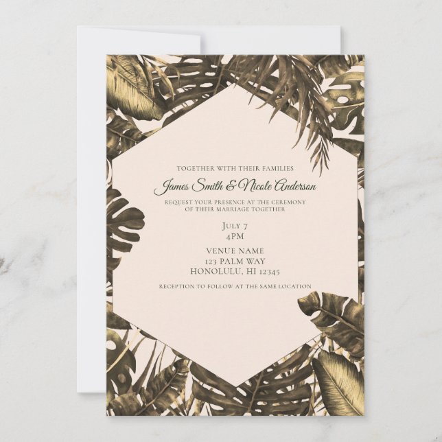 Olive Green & Cream Tropical Palm Blätter Hochzeit Einladung (Vorderseite)