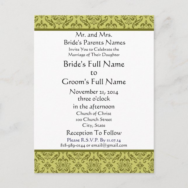 Olive Green Damask auf der Einladung zur White Wed (Vorderseite)