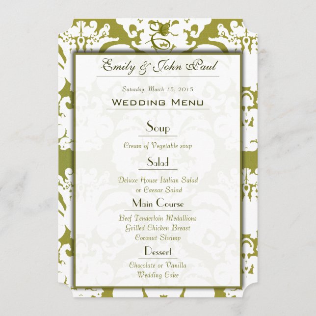 Olive Green Damask Hochzeitsprogramm Menükarte (Rückseite)