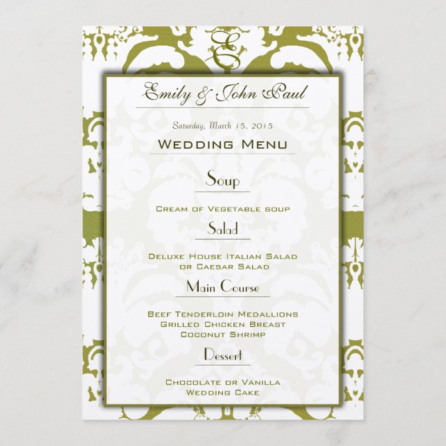 Olive Green Damask Hochzeitsprogramm Menükarte (Rückseite)