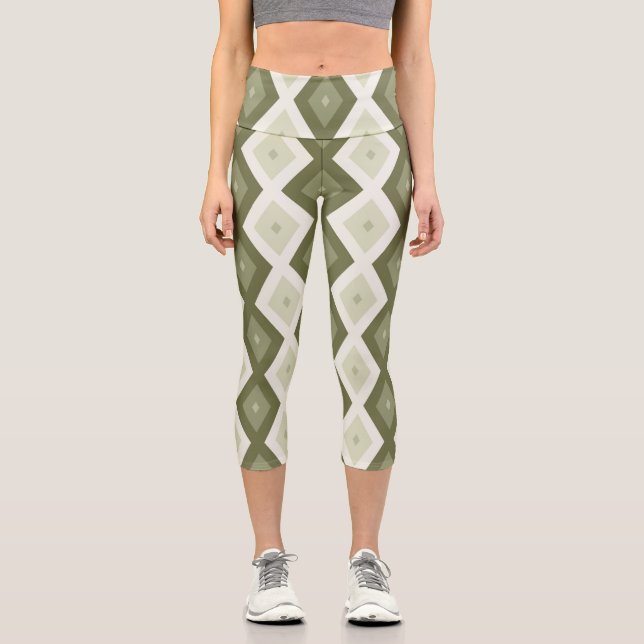 Olive Green Diamant Muster Capri Leggings (Vorderseite)