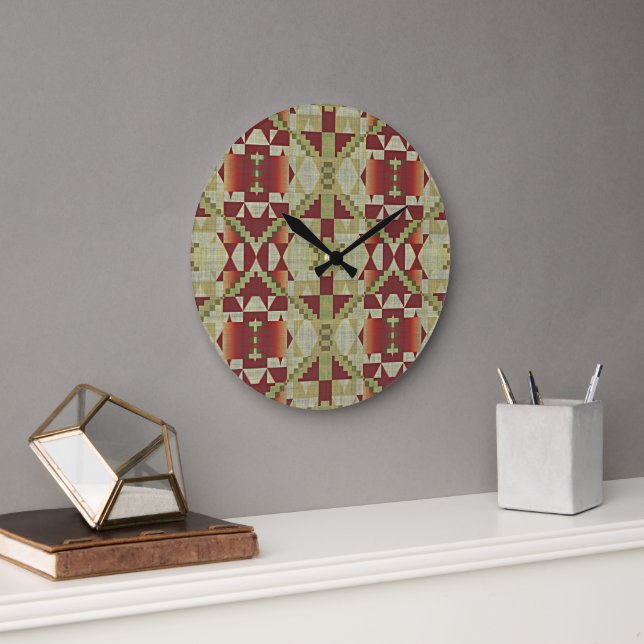 Olive Green Dunkel Red Orange Ochre Brown Tribal A Große Wanduhr (Büro)