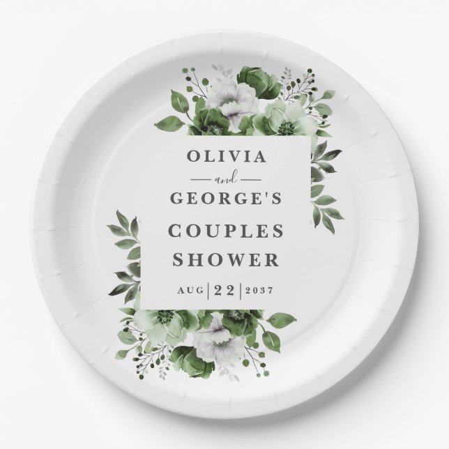 Olive Green Elegant Country Blumenpaare Dusche Pappteller (Vorderseite)