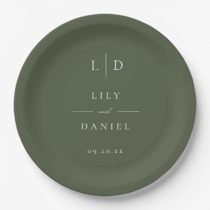 Olive Green Elegant Minimalistisch Monogram Weddin Pappteller