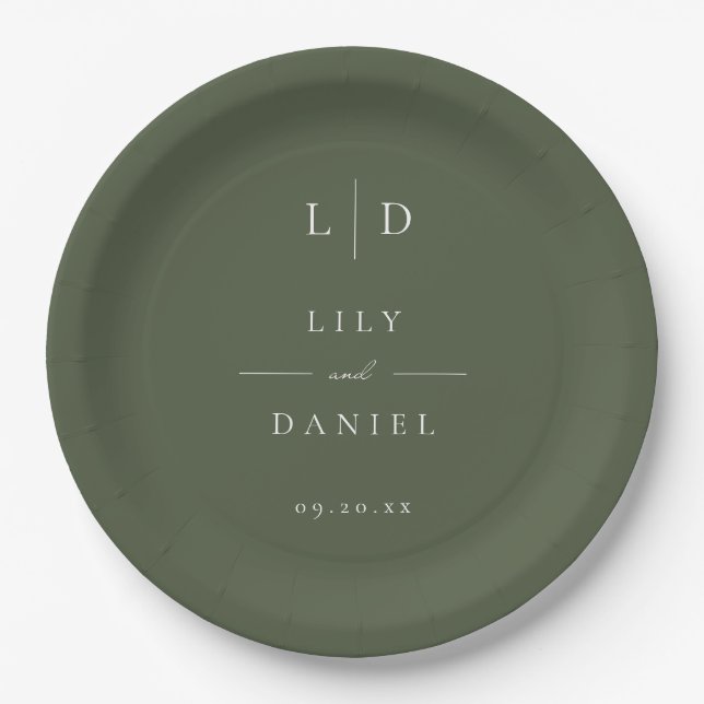 Olive Green Elegant Minimalistisch Monogram Weddin Pappteller (Vorderseite)