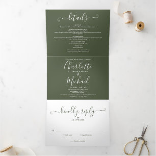 Olive Green Elegant Modernes Foto Skript Hochzeit Dreifach Gefaltete Einladung