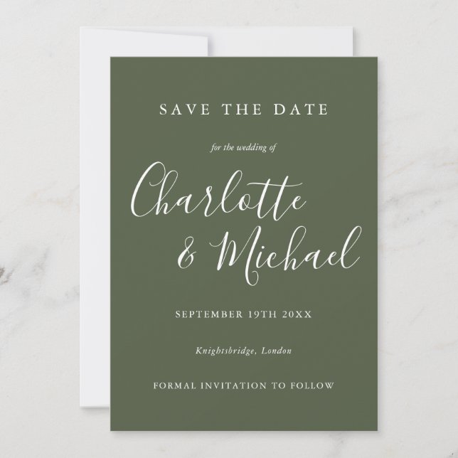 Olive Green Elegant Signature Script-Foto Save The Date (Vorderseite)