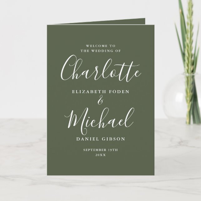 Olive Green Elegant Signature Script Hochzeit Programm (Vorderseite)