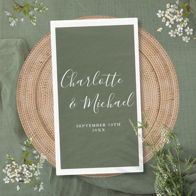 Olive Green Elegant Signature Script Hochzeit Serviette (Olive Green Elegant Signature Script Wedding Paper Guest Towels)