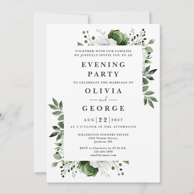 Olive Green Elegante Blumenzwiebeln Abend Party Einladung (Vorderseite)