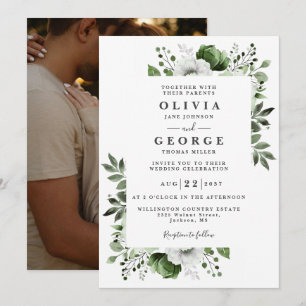 Olive Green Elegante Botanisches Foto Hochzeit Einladung