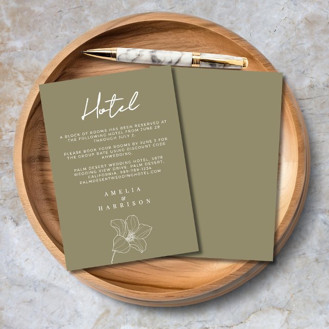 Olive Green Elegante Floral Wedding Hotel Begleitkarte (Olive Green Elegant Floral Wedding Hotel Enclosure Card with Line Art Flower, Script Calligraphy.)