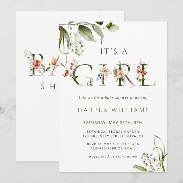 Olive Green Floral Botanical Letter Baby Dusche Einladung (Vorne/Hinten)
