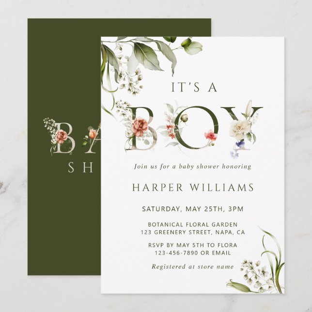Olive Green Floral Botanical Letter Baby Dusche Einladung (Vorne/Hinten)