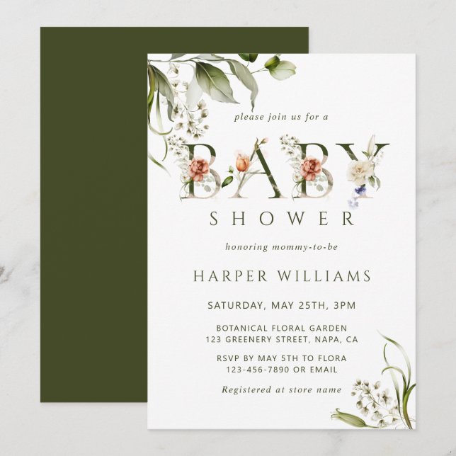 Olive Green Floral Botanical Letter Baby Dusche Einladung (Vorne/Hinten)
