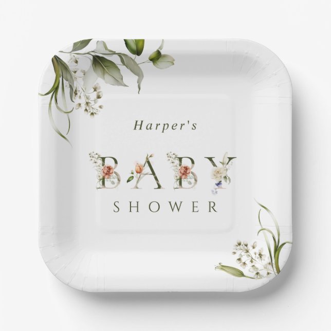Olive Green Floral Botanical Letter Baby Dusche Pappteller (Vorderseite)